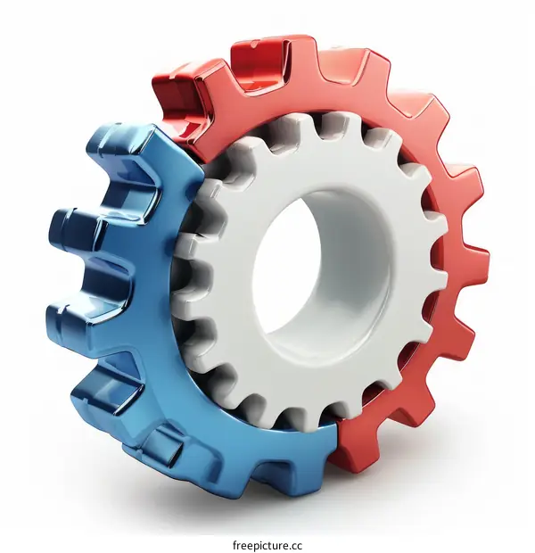 Three interlocking gears in red white and blue