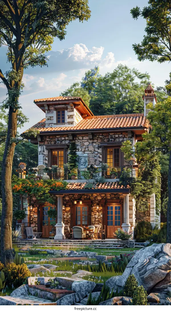 Rustic Stone House in a Lush Forest Setting