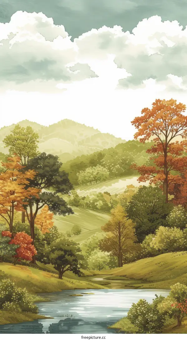 A beautiful landscape of a river flowing through a valley with green and orange trees and a mountain in the background