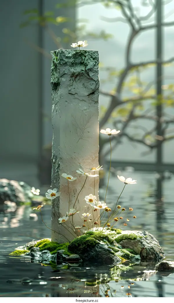 Stone Garden with White Flowers and Moss