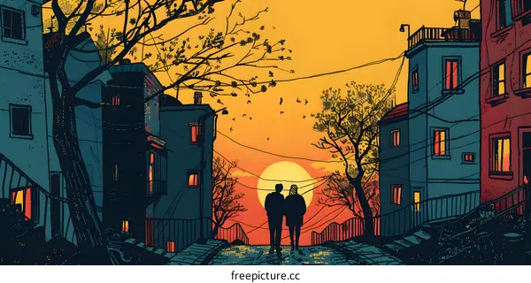 Silhouette of a Couple Walking in the Sunset