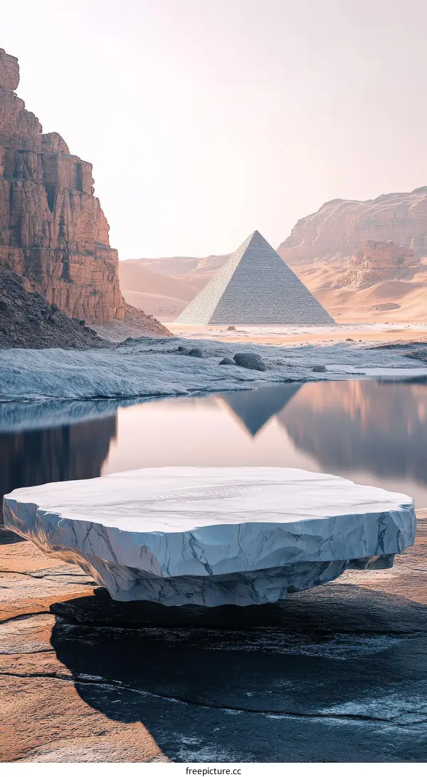Floating Marble Platform in Desert Landscape with Pyramid