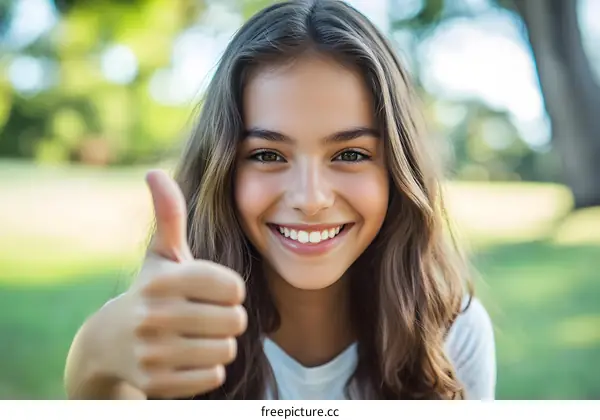 Smiling Girl Giving Thumbs Up Outdoors