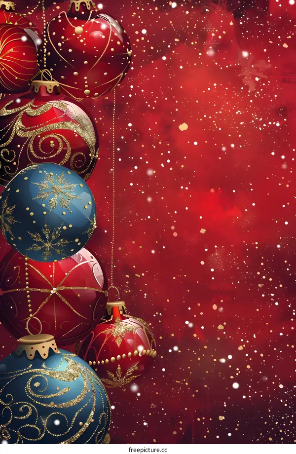 Red and blue Christmas balls hanging on a red background with snow
