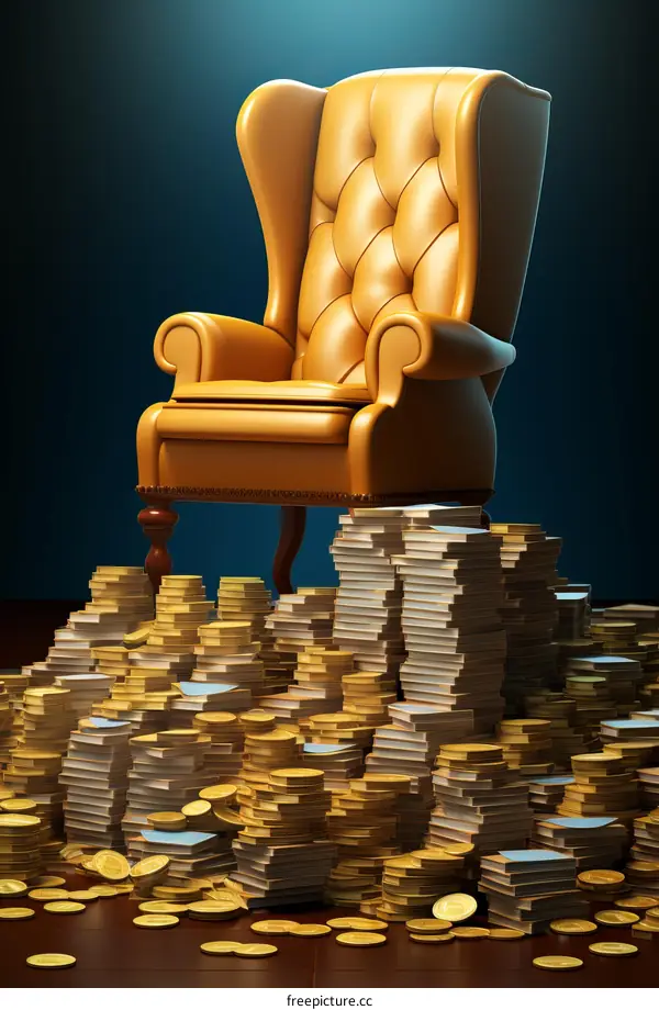 A throne made of books and gold coins