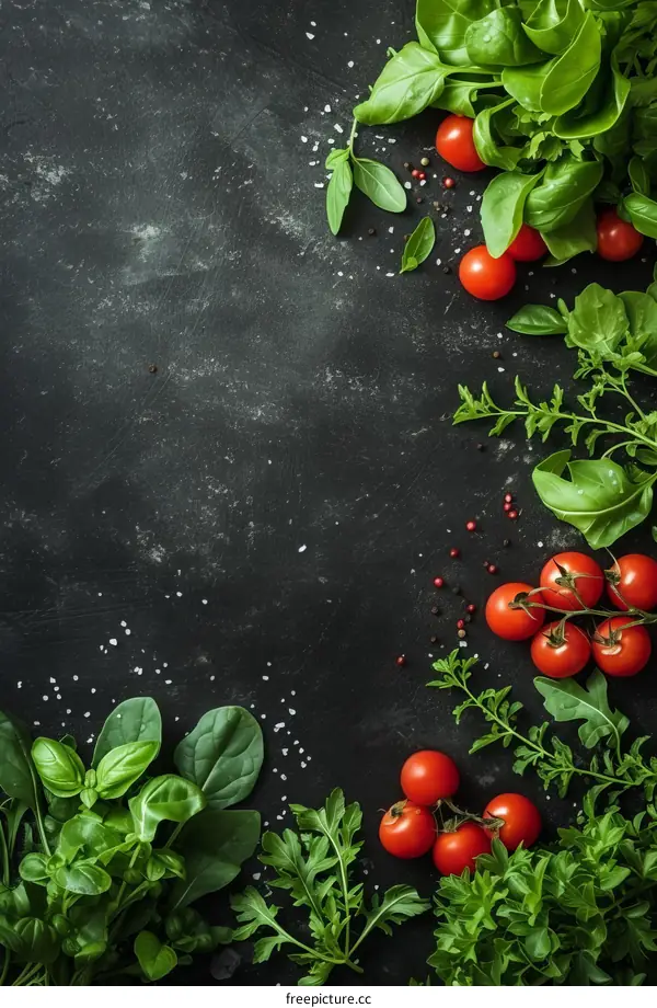 Fresh herbs and vegetables on a dark background