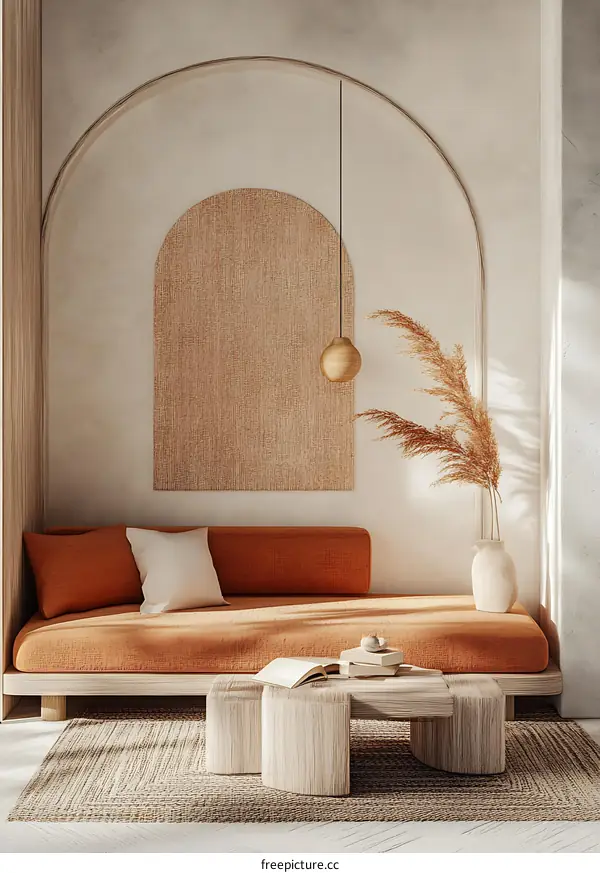 Minimalist Living Room Design With Arch And Natural Elements