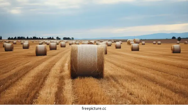 Field of hay rolls under cloudy sky