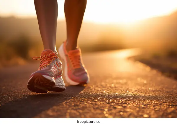 A runner is running on a road at sunset