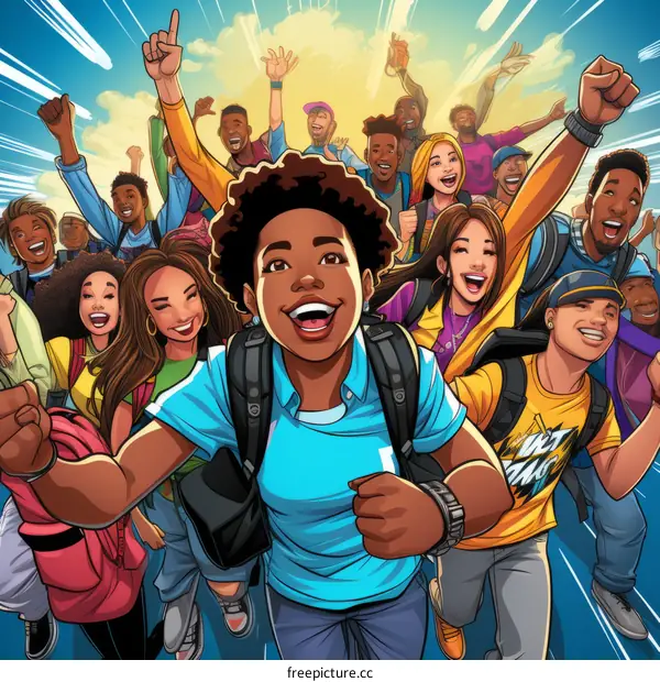 A group of diverse young people are running and cheering, all wearing casual clothes and backpacks, with the sun in the background