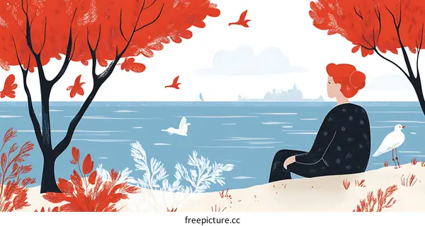 Woman Sitting by the Sea with Red Hair and a Bird