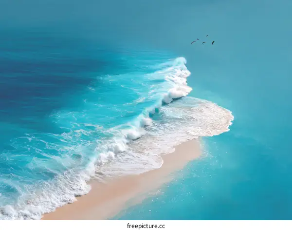 Aerial View of Turquoise Waves Crashing on a Sandy Beach