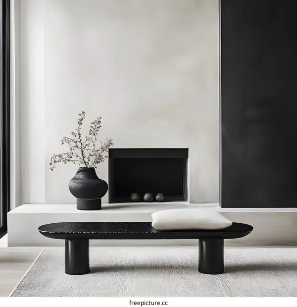 Modern Minimalist Interior Design with Black Fireplace and Bench