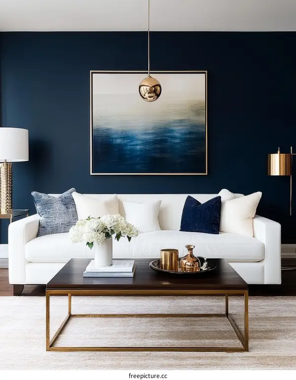 Modern Living Room Interior Design with Dark Blue Wall Art