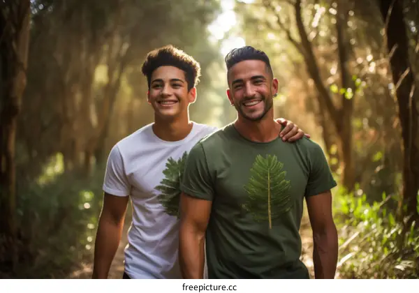 Two men standing in a forest, smiling.
