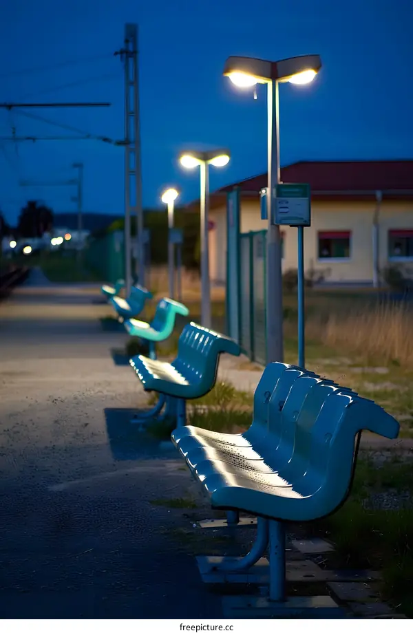 Blue Benches at the Train Station Under Twilight