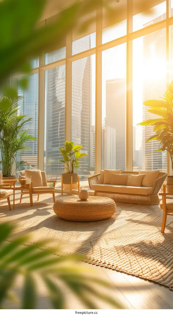 Bright and Airy Living Room with Modern Furnishings and City Views