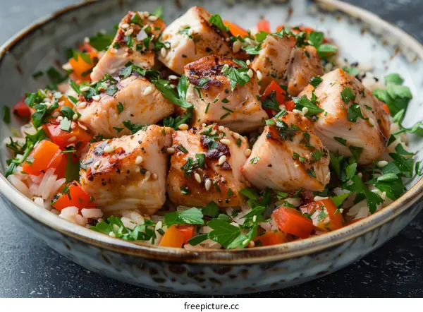 Grilled chicken breast with rice and vegetables