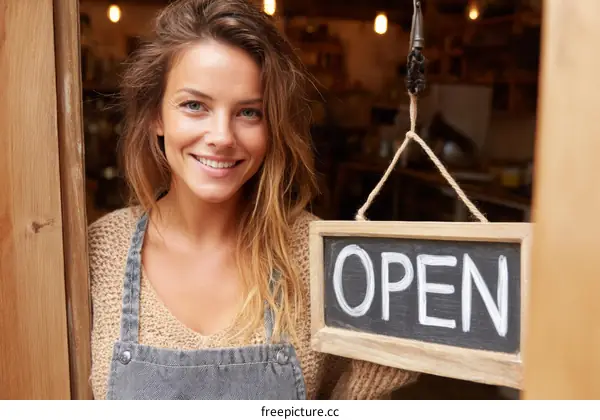 Smiling Woman Owner Opening Small Business
