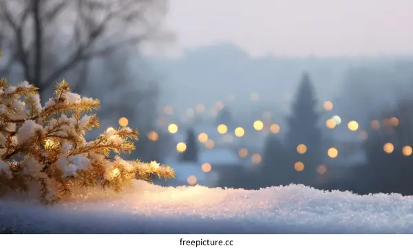 Snowy Winter Evening with Christmas Lights
