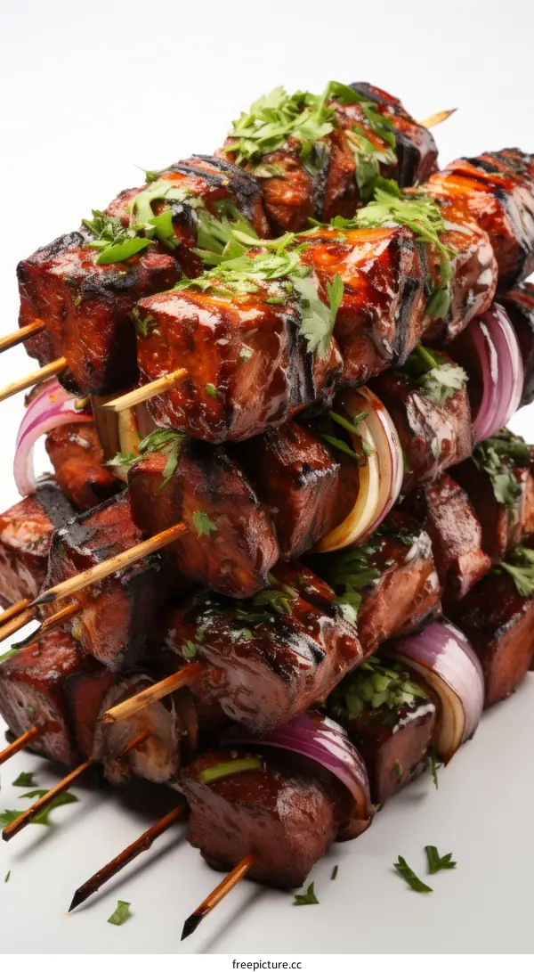 Beef shish kebabs stacked on top of each other
