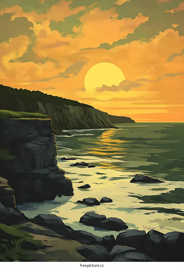 Sunset Over The Ocean With Cliffs and Rocks