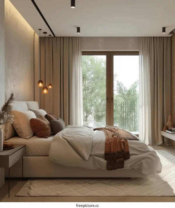 Modern Bedroom Interior with Wooden Wall and Large Windows