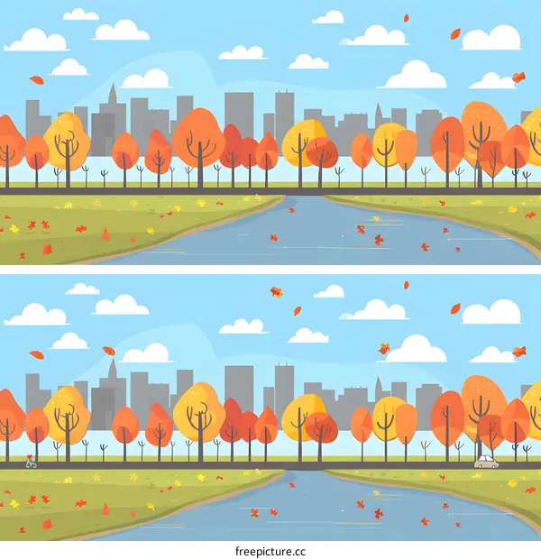 Autumn City Park Landscape With River And Falling Leaves