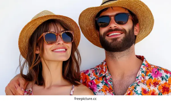 Couple Wearing Straw Hats and Sunglasses Outdoors