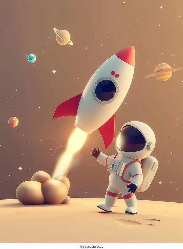 An astronaut thumbs up next to a rocket on Mars