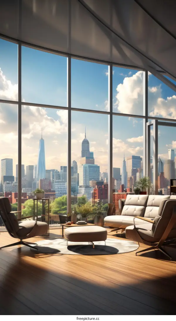 Modern living room interior with amazing city view