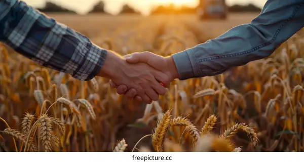 Two farmers shaking hands in a wheat field with a combine harvester in the background