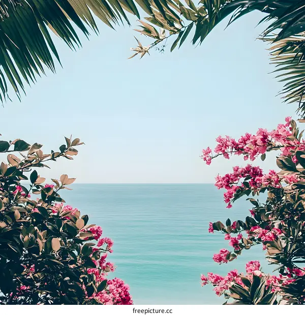 Tropical Beach View with Palm Trees and Bougainvillea Flowers