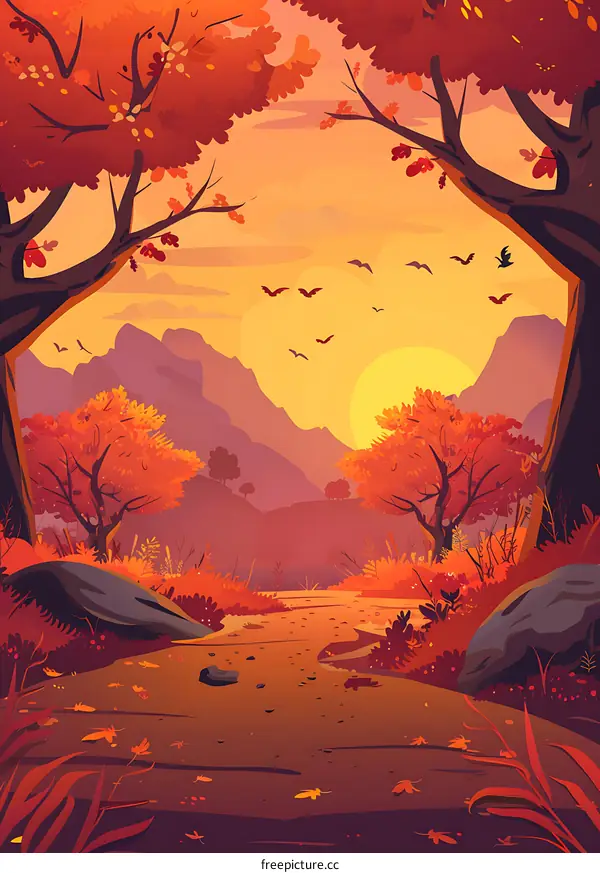 Autumn Landscape with Sunset and Flying Birds