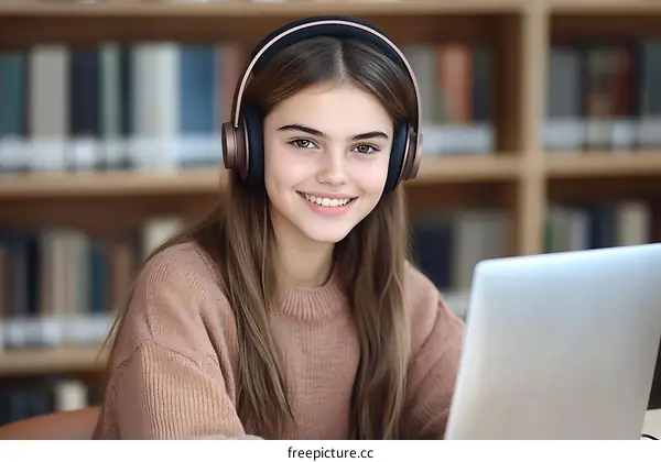 Smiling Teenager with Headphones in a Library Setting