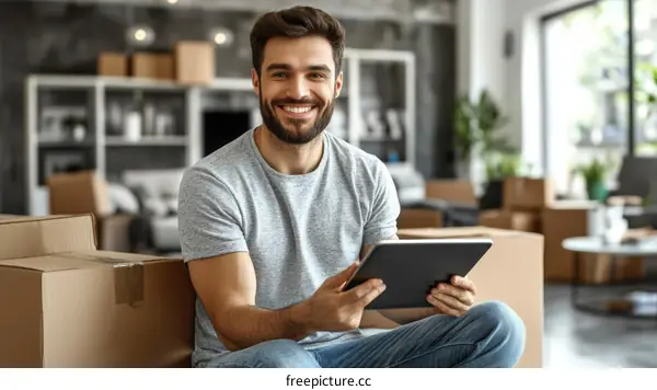 Man Using Tablet in Moving Home