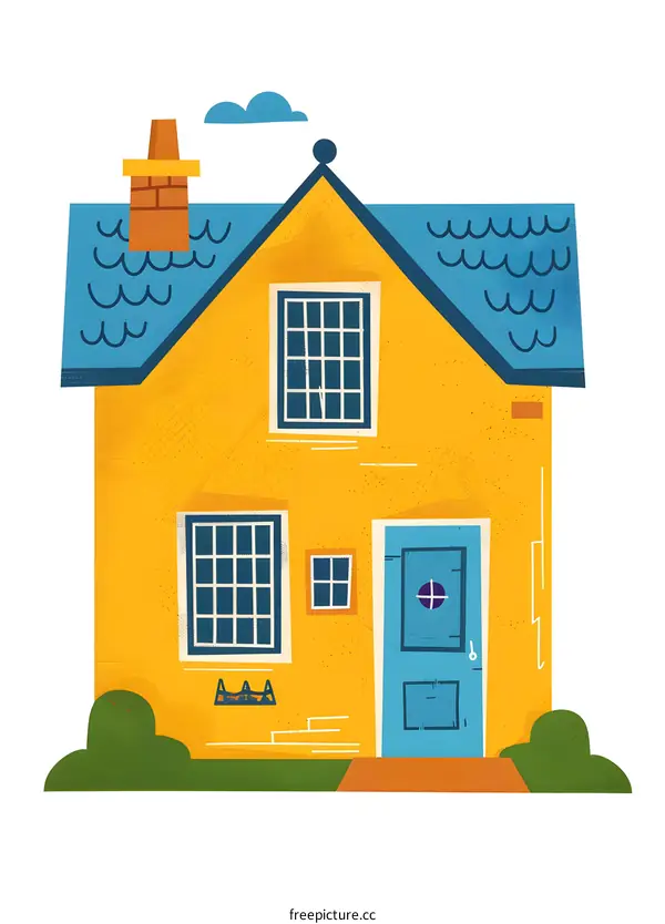Cute Yellow House With Blue Roof Illustration