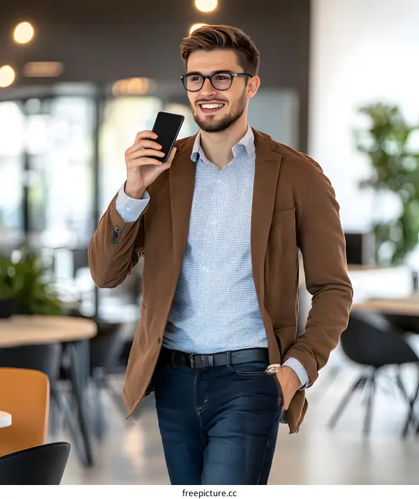 Smiling Businessman Walking While Talking on Phone in Modern Office