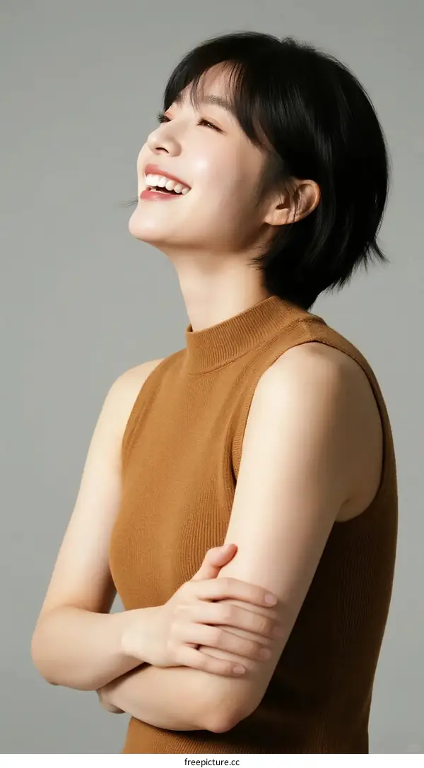 Young Asian Woman with Short Black Hair Laughing Happily