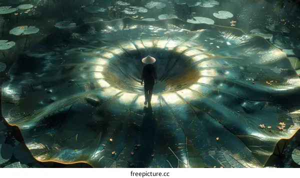 Surreal Man Walking on Giant Water Lily Leaves