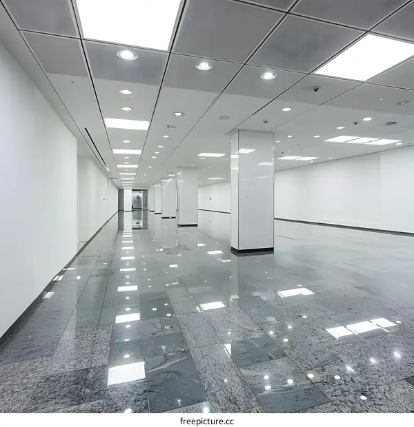 Empty Modern Hallway with White Walls and Polished Floor