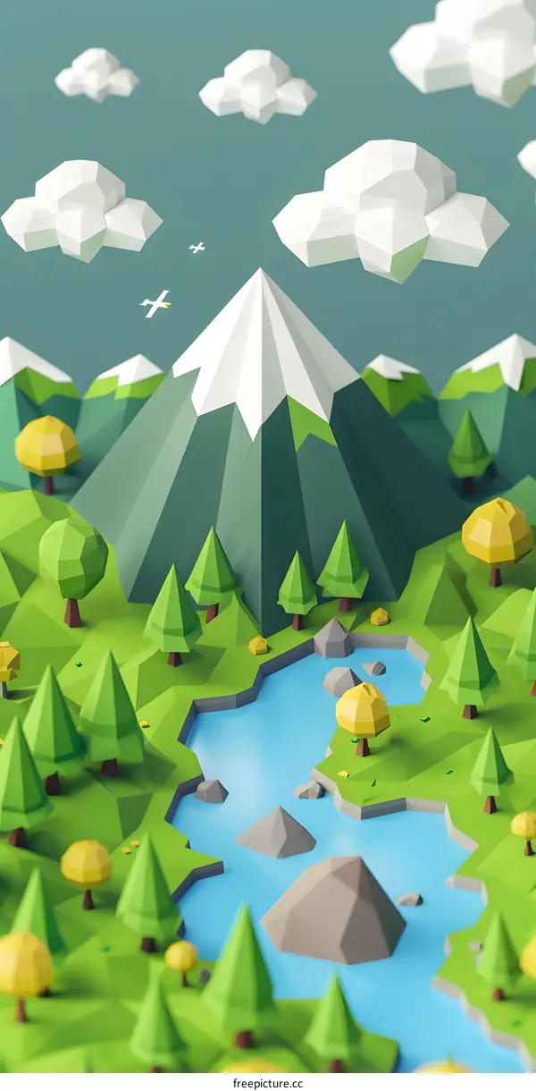 Low Poly Mountain Landscape with Lake and Trees