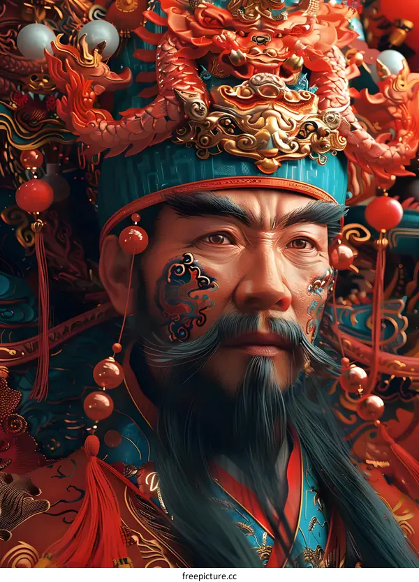 An ancient Chinese emperor in red and gold robe and dragon crown