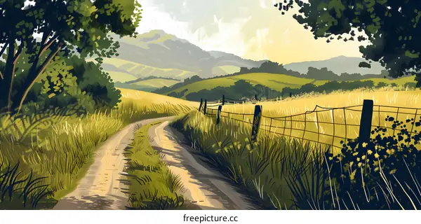 Country Road with Green Hills and Yellow Field