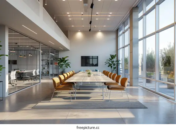 A conference room with a large table and chairs