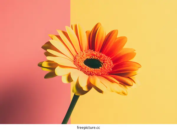 Single Orange Gerbera Daisy on Pink and Yellow Background