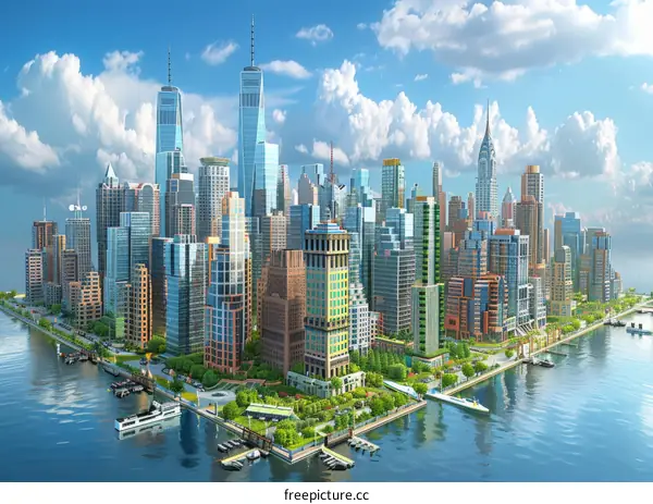 Bustling Metropolis with Towering Skyscrapers and Picturesque Waterfront