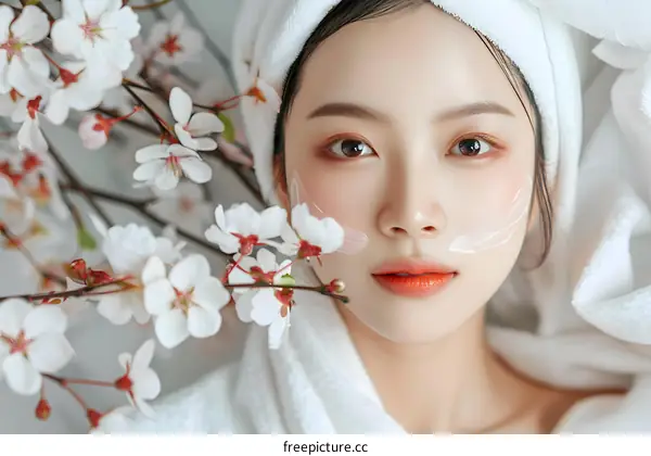 Beautiful Asian Woman with Flowers on Her Face
