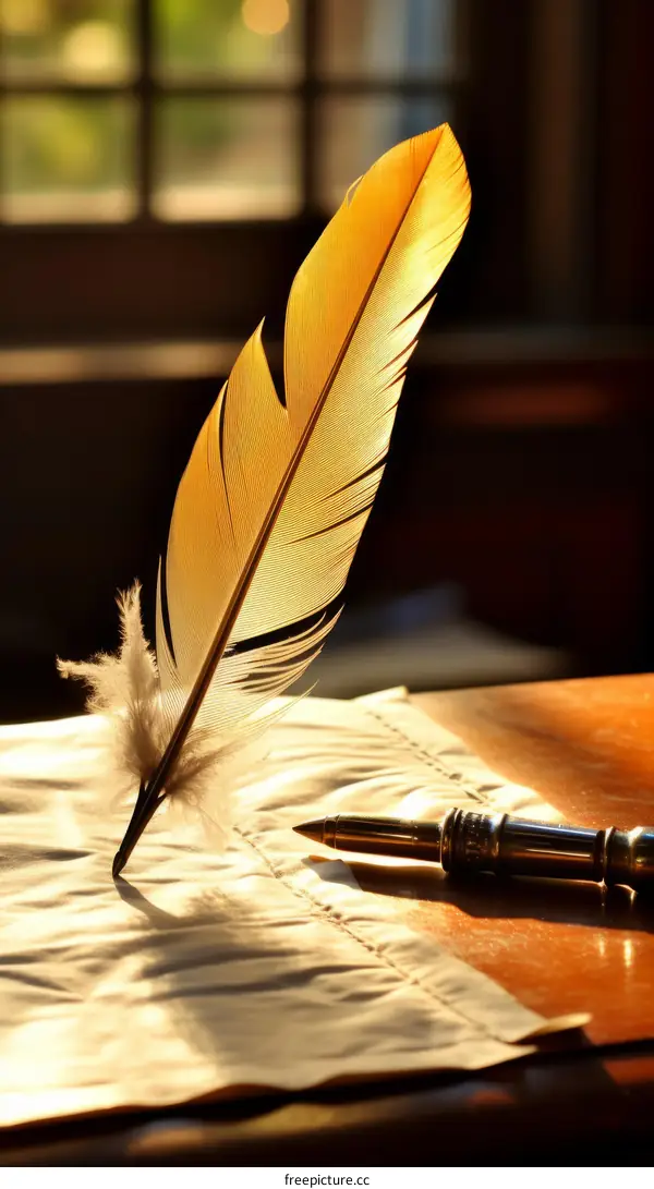 feather pen on paper with sunlight from the window