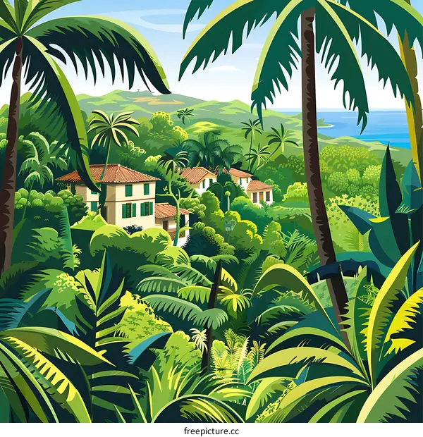 Tropical Jungle Landscape with Palm Trees and Houses